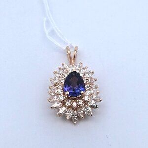 14K Yellow Gold 2.09Ct Tanzanite & Diamond Double Halo Pendant 1x.75 Inches
